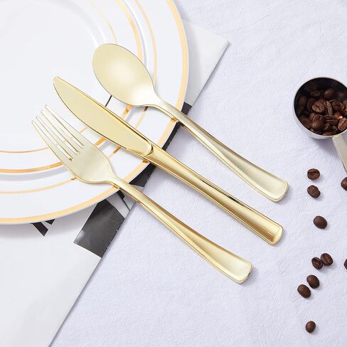 N9R 300PCS Gold Plastic Silverware, Heavy Duty Gold Plastic Cutlery Set Disposable Flatware Dinnerware, 100 Forks, 100 Spoons, 100 Knives, Perfect for Party, Wedding and Daily Use in Kuwait
