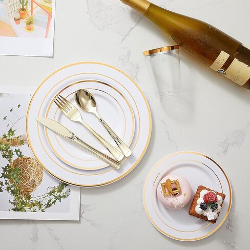 N9R 300PCS Gold Plastic Silverware, Heavy Duty Gold Plastic Cutlery Set Disposable Flatware Dinnerware, 100 Forks, 100 Spoons, 100 Knives, Perfect for Party, Wedding and Daily Use in Kuwait