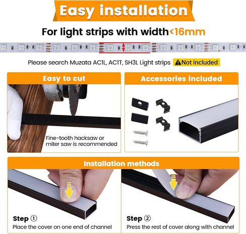 Muzata 10Pack 3.3FT/1M Wider LED Channel Black Aluminum LED Diffuser Channel with Milky White Cover U102 BW 1M in Saudi Arabia