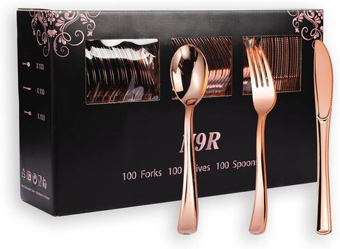 N9R 300PCS Gold Plastic Silverware, Heavy Duty Gold Plastic Cutlery Set Disposable Flatware Dinnerware, 100 Forks, 100 Spoons, 100 Knives, Perfect for Party, Wedding and Daily Use in Kuwait