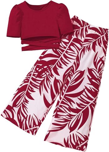 SweatyRocks Girl's 2 Piece Outfits Cut Out Criss Cross Puff Short Sleeve Crop Top and Wide Leg Pants Set in Saudi Arabia