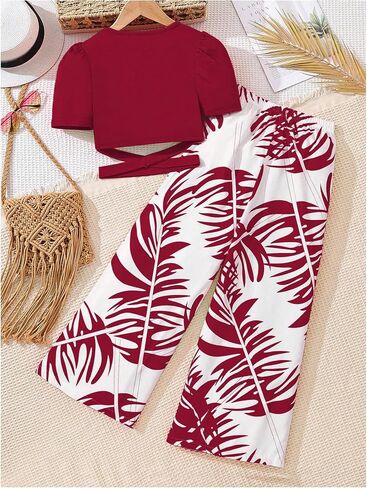 SweatyRocks Girl's 2 Piece Outfits Cut Out Criss Cross Puff Short Sleeve Crop Top and Wide Leg Pants Set in Saudi Arabia