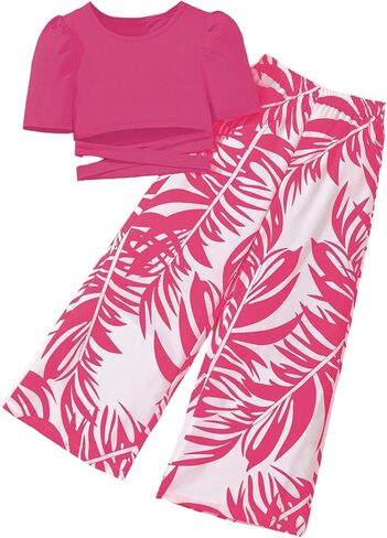 SweatyRocks Girl's 2 Piece Outfits Cut Out Criss Cross Puff Short Sleeve Crop Top and Wide Leg Pants Set in Saudi Arabia