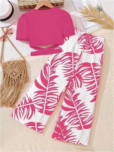 SweatyRocks Girl's 2 Piece Outfits Cut Out Criss Cross Puff Short Sleeve Crop Top and Wide Leg Pants Set in Saudi Arabia