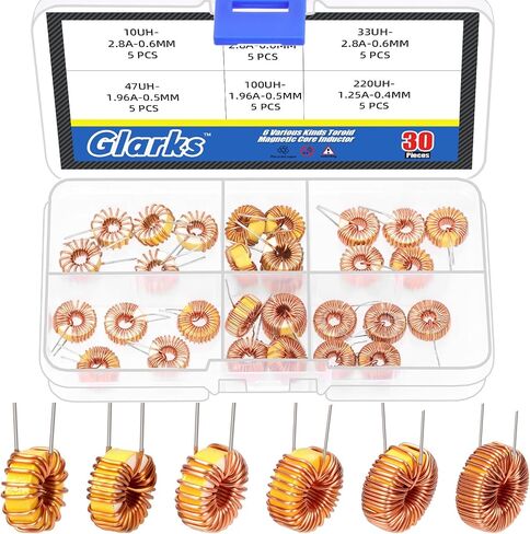 Glarks 25pcs 5 أحجام مجموعة محثات محث على الحث ، 22UH-5A 47UH-3.8A 220UH-1.96A 330UH-1.96A 100UH-2.8A ملف النحاس الحث ، سلك محث محث على محولات دائرة DIY in Kuwait