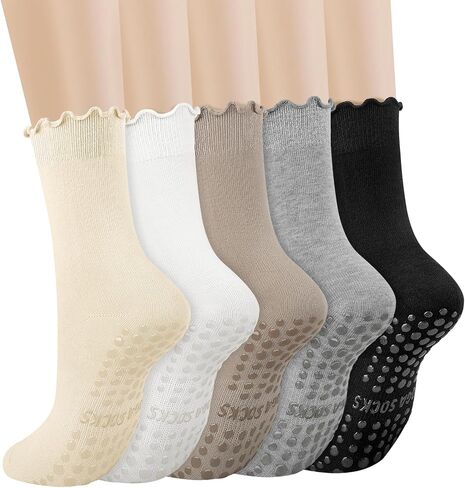 5 Pairs Ruffle Pilates Yoga Socks with Grips for Women, Cute Cotton Frilly Cuff Non Slip Grippy Athletic Crew Socks in Kuwait