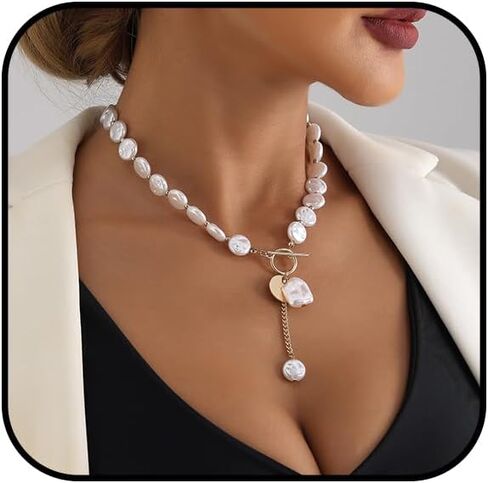 Baroque Pearl Necklace for Women Pearl OT Clasp Necklace Toggle Clasp Pearl Necklace Gold Coin Pendant Necklace Paperclip Link Chain Necklace Baroque Pearl Birthday Jewelry in Saudi Arabia
