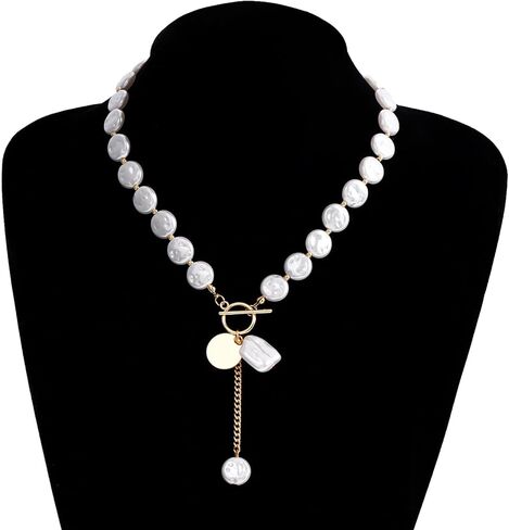 Baroque Pearl Necklace for Women Pearl OT Clasp Necklace Toggle Clasp Pearl Necklace Gold Coin Pendant Necklace Paperclip Link Chain Necklace Baroque Pearl Birthday Jewelry in Saudi Arabia