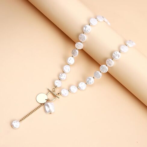 Baroque Pearl Necklace for Women Pearl OT Clasp Necklace Toggle Clasp Pearl Necklace Gold Coin Pendant Necklace Paperclip Link Chain Necklace Baroque Pearl Birthday Jewelry in Saudi Arabia