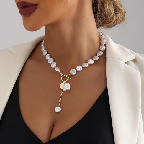 Baroque Pearl Necklace for Women Pearl OT Clasp Necklace Toggle Clasp Pearl Necklace Gold Coin Pendant Necklace Paperclip Link Chain Necklace Baroque Pearl Birthday Jewelry in Saudi Arabia