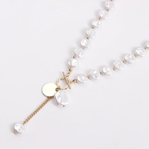 Baroque Pearl Necklace for Women Pearl OT Clasp Necklace Toggle Clasp Pearl Necklace Gold Coin Pendant Necklace Paperclip Link Chain Necklace Baroque Pearl Birthday Jewelry in Saudi Arabia