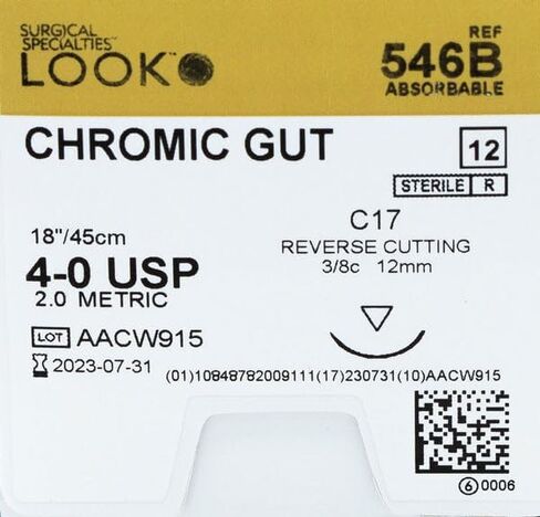 Look 546B Chromic Gut Absorbable Reverse Cutting Sutures C17 3/8 Circle 4-0 18" 12/Bx in Saudi Arabia