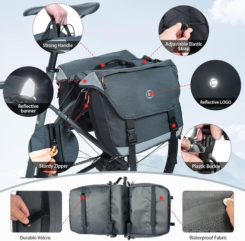 HuiJuKeJi Bike Rear Double Pannier Bag,35L Expandable Capacity Waterproof Cargo Carrier Rear Rack Saddle Bag for Bike&Ebike,Reflective Storage Luggage Bike Accessories for Outdoor Commute Travel in Kuwait