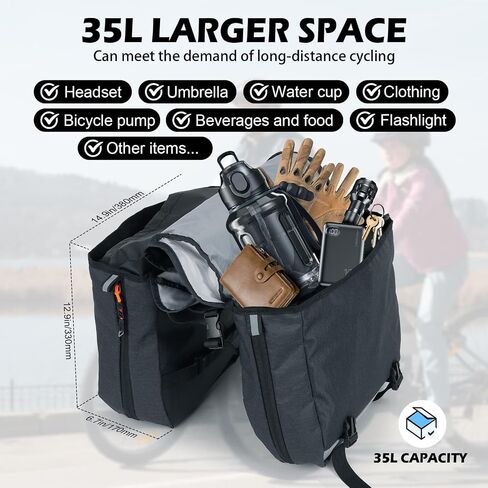 HuiJuKeJi Bike Rear Double Pannier Bag,35L Expandable Capacity Waterproof Cargo Carrier Rear Rack Saddle Bag for Bike&Ebike,Reflective Storage Luggage Bike Accessories for Outdoor Commute Travel in Kuwait