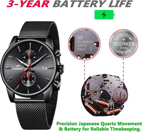 Professional Japanese VD51 Movement Men's Business Watch - 3 Year Battery Life, Luminous Hands, Date Display & Chronograph - Stainless Steel/Premium Leather Strap (Multiple Colors) in Saudi Arabia