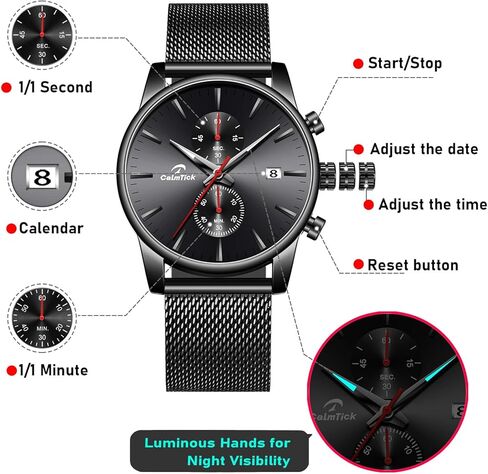 Professional Japanese VD51 Movement Men's Business Watch - 3 Year Battery Life, Luminous Hands, Date Display & Chronograph - Stainless Steel/Premium Leather Strap (Multiple Colors) in Saudi Arabia