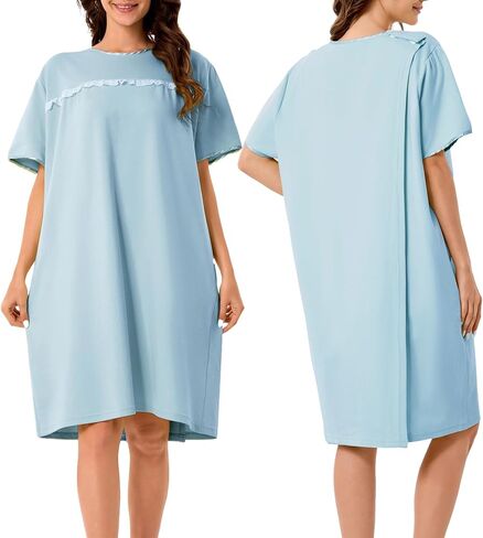 فساتين مستشفى Voeeron للنساء لينة قصيرة الأكمام ثوب المريض مفتوح الظهر ملابس التكييف مع جيوب in Kuwait