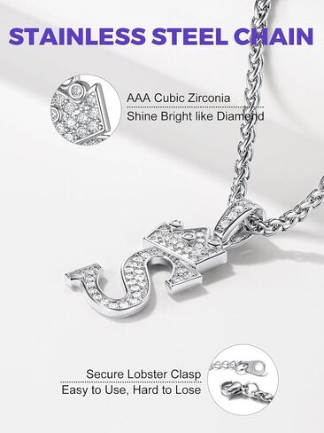 Richsteel Silver Crown Initial A-Z Necklace, Cubic Zirconia Letter Pendant with 22"+2'' Adjustable Chain, Men Women Bling Hip Hop Jewelry for Father's Day/Anniversaries/Birthdays in Saudi Arabia