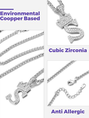 Richsteel Silver Crown Initial A-Z Necklace, Cubic Zirconia Letter Pendant with 22"+2'' Adjustable Chain, Men Women Bling Hip Hop Jewelry for Father's Day/Anniversaries/Birthdays in Saudi Arabia