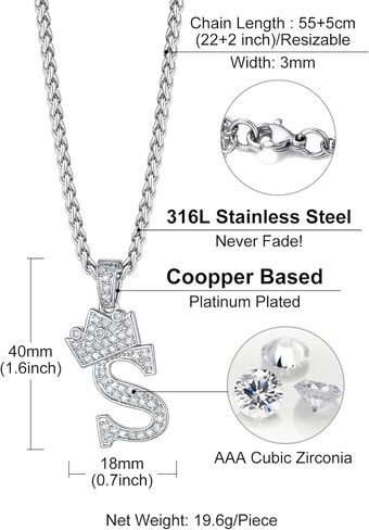 Richsteel Silver Crown Initial A-Z Necklace, Cubic Zirconia Letter Pendant with 22"+2'' Adjustable Chain, Men Women Bling Hip Hop Jewelry for Father's Day/Anniversaries/Birthdays in Saudi Arabia