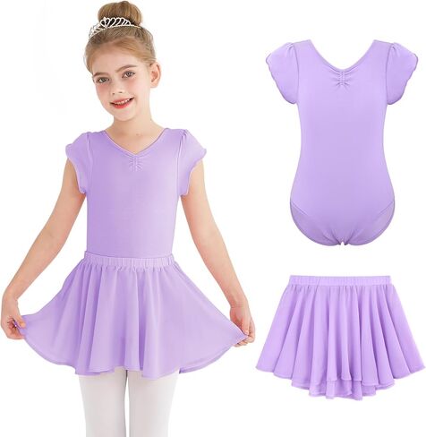 Hoziy Dance Leotard for Girls Petal Sleeve Bow Bow Dance Wathits مع تنورة قابلة للإزالة 10-11 in Kuwait
