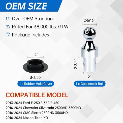 60601 Upgraded 38k Puck System Gooseneck Hitch Ball for 2013-2025 Dodge RAM 2500 3500, 2-5/16 Inch Gooseneck Ball for Truck Bed with a Replacement Gooseneck Hitch Cap, 380000 lbs GTW in Kuwait