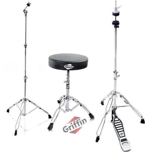 GRIFFIN Drum Hardware Kit (Percussion TiltPro X Edition) 3 Pack – Hi-Hat Pedal, Drum Throne & Cymbal Stand – Chrome Drum Gear for Mounting Crash, Ride & Splash Cymbals in Saudi Arabia