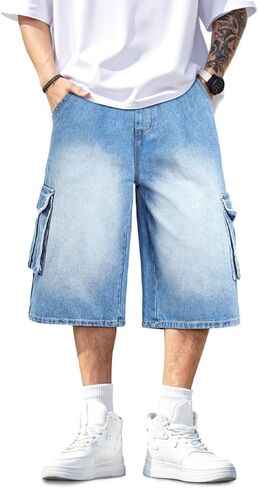 Men Baggy Jean Shorts Streetwear Denim Shorts Cargo Stretch Waist Jorts 15 Inch Inseam in Saudi Arabia