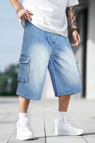 Men Baggy Jean Shorts Streetwear Denim Shorts Cargo Stretch Waist Jorts 15 Inch Inseam in Saudi Arabia