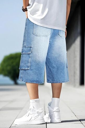 Men Baggy Jean Shorts Streetwear Denim Shorts Cargo Stretch Waist Jorts 15 Inch Inseam in Saudi Arabia