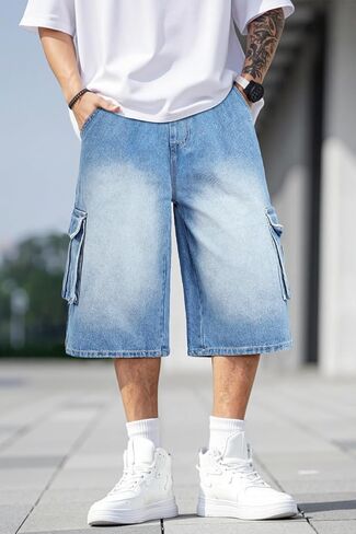 Men Baggy Jean Shorts Streetwear Denim Shorts Cargo Stretch Waist Jorts 15 Inch Inseam in Saudi Arabia