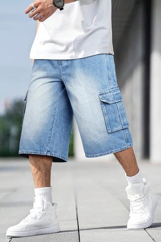 Men Baggy Jean Shorts Streetwear Denim Shorts Cargo Stretch Waist Jorts 15 Inch Inseam in Saudi Arabia