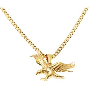 Mens Stainless Steel 18K Gold Flying Eagle Pendant Cuban Chain Necklace,23.62+0.94’’