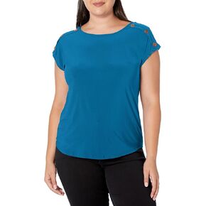 Star Vixen Women's Plus Size Button Shoulder Top