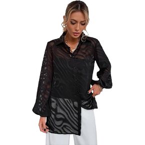 MakeMeChic Women's Sheer Blouse Lantern Sleeve See Through Button Down Shirt Top
