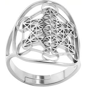 Metatron's Cube Ring Angel Seal Archangel Metatron Cube Protection Statement Hollowed Out Womens Stainless Steel Open Band Ring Jewelry