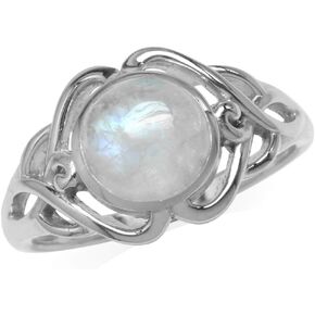Silvershake 8mm Natural Round Shape Moonstone White Gold Plated 925 Sterling Silver Celtic Knot Solitaire Ring