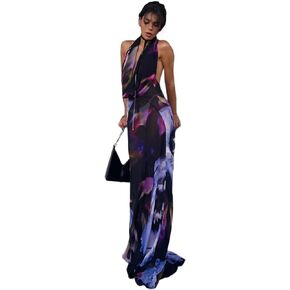 Women's Sexy Purple Print Backless Maxi Dress Elegant Sleeveless Draped Cowl Neck Bodycon Summer Beach Cocktail Party Dress