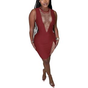 WuLun Women‘s Sexy Sparkly Rhinestone Sleeveless Bodycon Mini Dress Club Night Out Party Dress