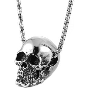 Men'S Personalized Silver Black Gothic Skull Necklace Stainless Steel Pendant, With A 24" Necklace
