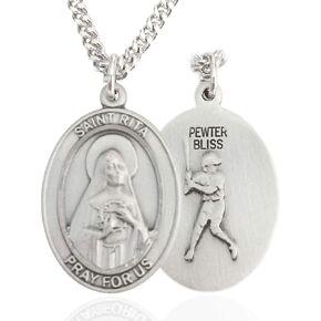 Men's Pewter Oval Saint Rita Baseball Medal + USA Made + Chain Choice