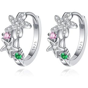 Ruzzykea Cute 925 Sterling Silver Huggie Hoop Earrings for Girls Women Hypoallergenic Small Cubic Zirconia Starfish Floral Hoop Earrings
