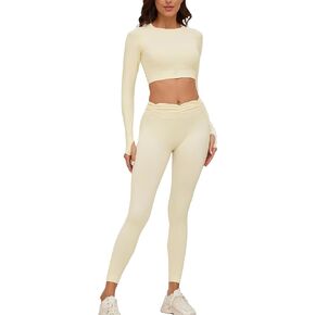 Womens Workout Sets 2 Pack - Seamless Gym Outfits Long Sleeve Crop Tops and Butt Lifting Leggings