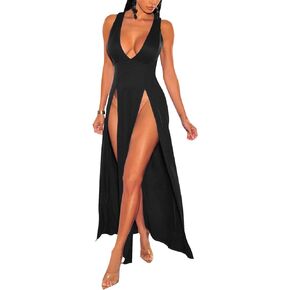 Women's Sexy V Neck Sleeveless High Split Club Party Maxi Dresses