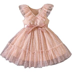 OYOANGLE Girl's Summer V Neck Sleeveless Dots Mesh Casual Elegant Ruffle Trim Belted Dress in Saudi Arabia