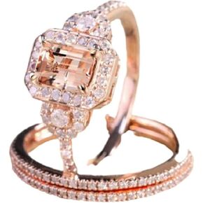 LRGKMCWTOB Fashion Elegant Women Gorgeous 18K Rose Gold Filled Morganite Ring Engagement Bridal Women Jewelry Set Size 6-10 (US 6)