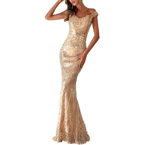 V/A Women V Neck Off Shoulder Backless Sleeveless Floor Length Sequin Wedding Evening Party Maxi Dress