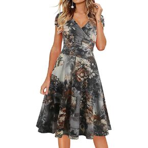 oxiuly Women's Casual Dresses Criss-Cross V-Neck Floral Flare Midi Summer Dress OX233