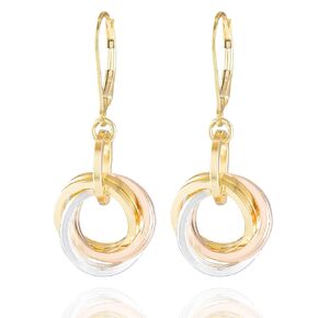 Tricolor Love Knot Everyday Dangle Lever-back Earrings with 925 Sterling Silver and 14K Yellow and Rose Gold-Filled Circles Unique Three Tone Jewelry Gift Idea for Women