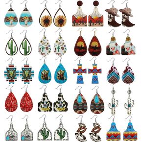 20 Pairs Boho Western Cowgirl Cowboy Earrings Set Western Teardrop Dangle Earrings Vintage Cow Print Leather Bohemian Turquoise Wood Jewelry for Women Girls